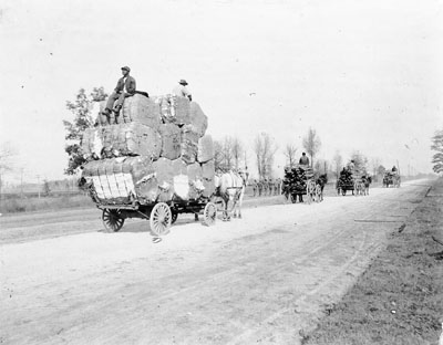 Bales of cotton and wood on the public road leading to Charlotte, NC, ca. 1890. From the H. H. Brimley Photo Collection, North carolina State Archives, call #: PhC42.Bx21.Scenic Central NC.F40.
